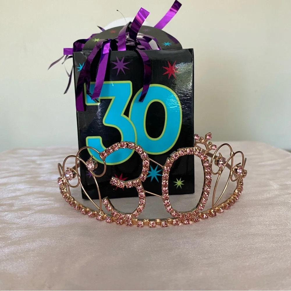 Happy 30th Birthday Set Pink Crystal Tiara and Black BDay Bag Balloon Weight
